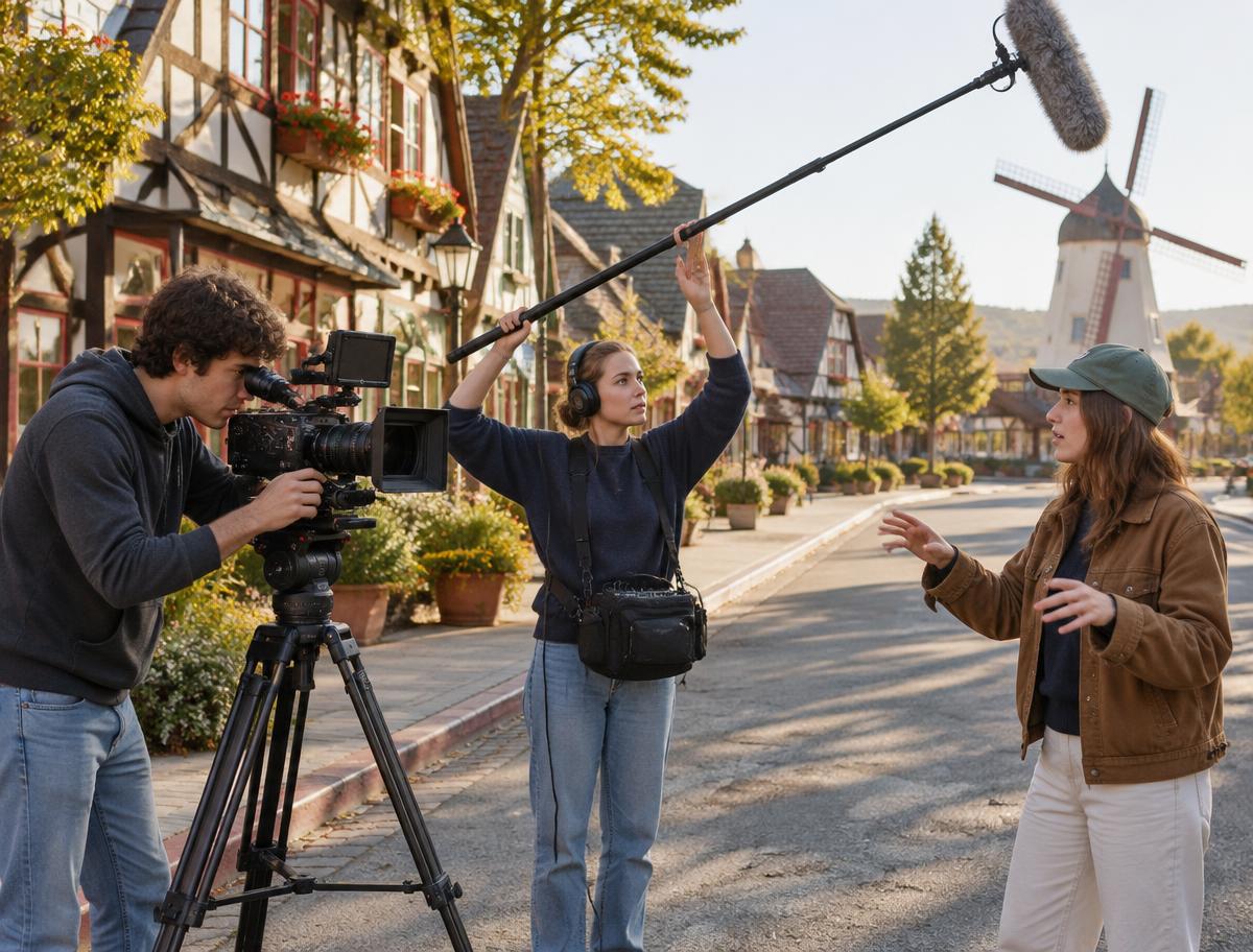 Young filmmakers working with a camera and boom microphone on a Solvang street