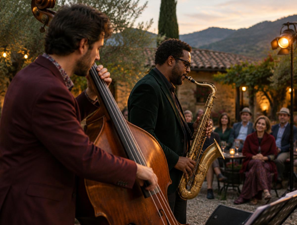Double bass and saxophone musicians performing for a courtyard audience