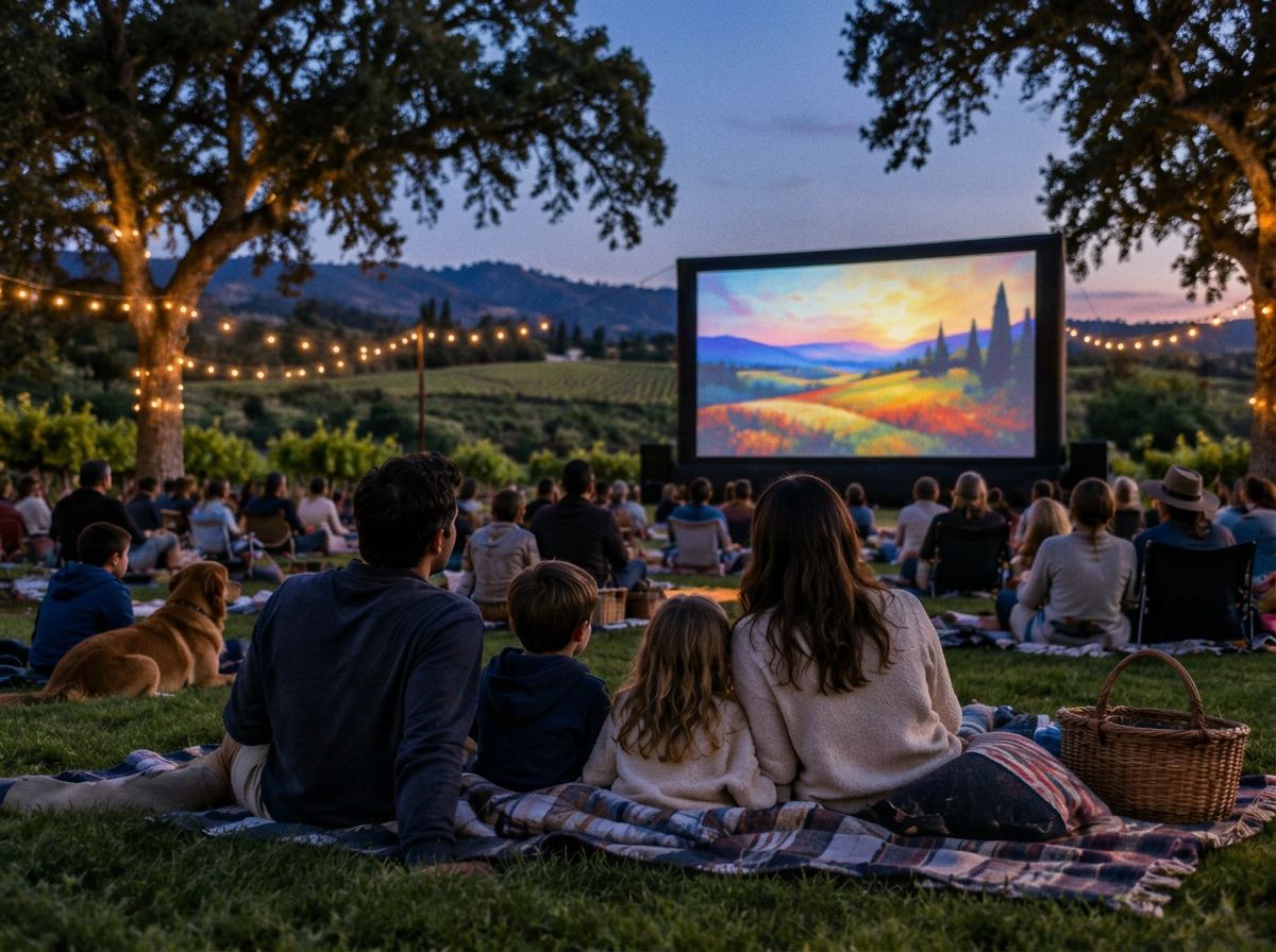 A family on a picnic blanket watching outdoor cinema under the stars