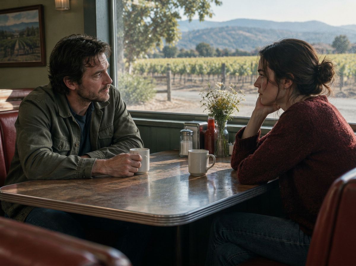 Two characters sharing a quiet conversation in a wine-country diner